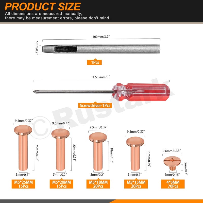 Rustark 142Pcs 4 Sizes Rose Gold Chicago Screws Leather Rivets Assortment Kit with Setting Tools M5 Assorted Screws Rivets Metal Chicago Binding Screw for Leather Craft Belts Bags - Image 2